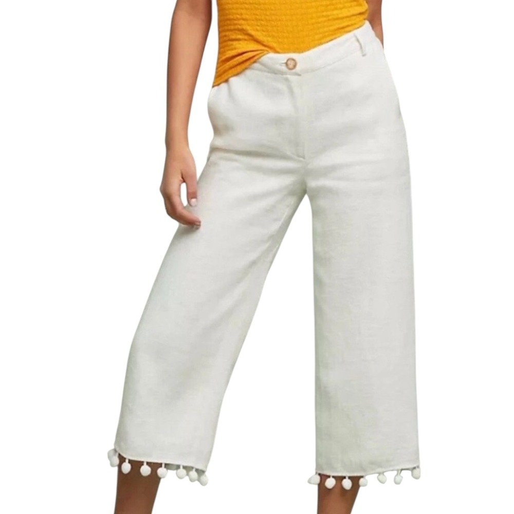 Anthropologie Ett: Twa White Linen‎ Pommed Wide Leg High Rise Pants M/P
